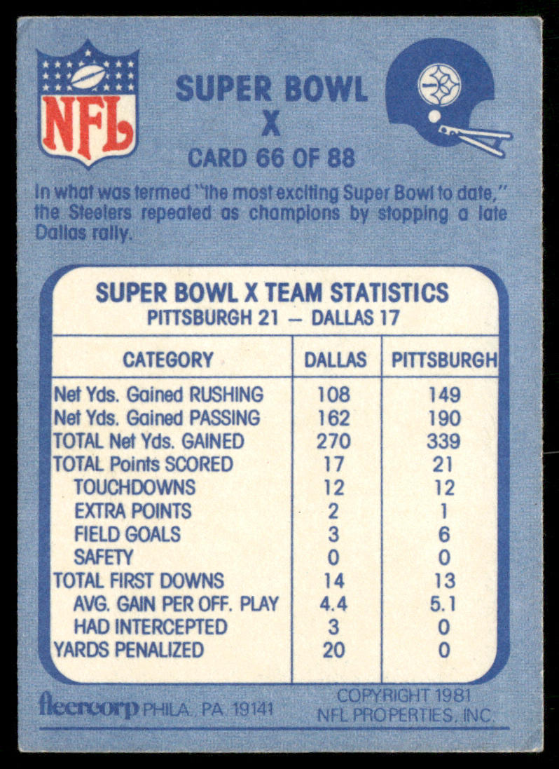 Super Bowl X 1981 Fleer Team Action #66