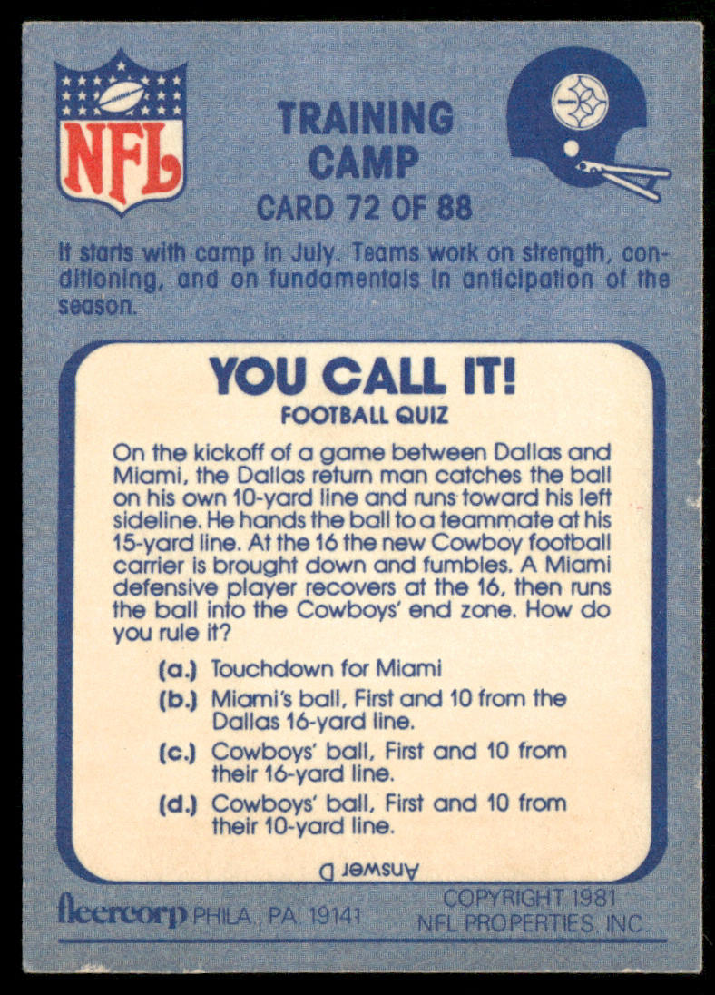 Training Camp 1981 Fleer Team Action #72 Pittsburgh Steelers