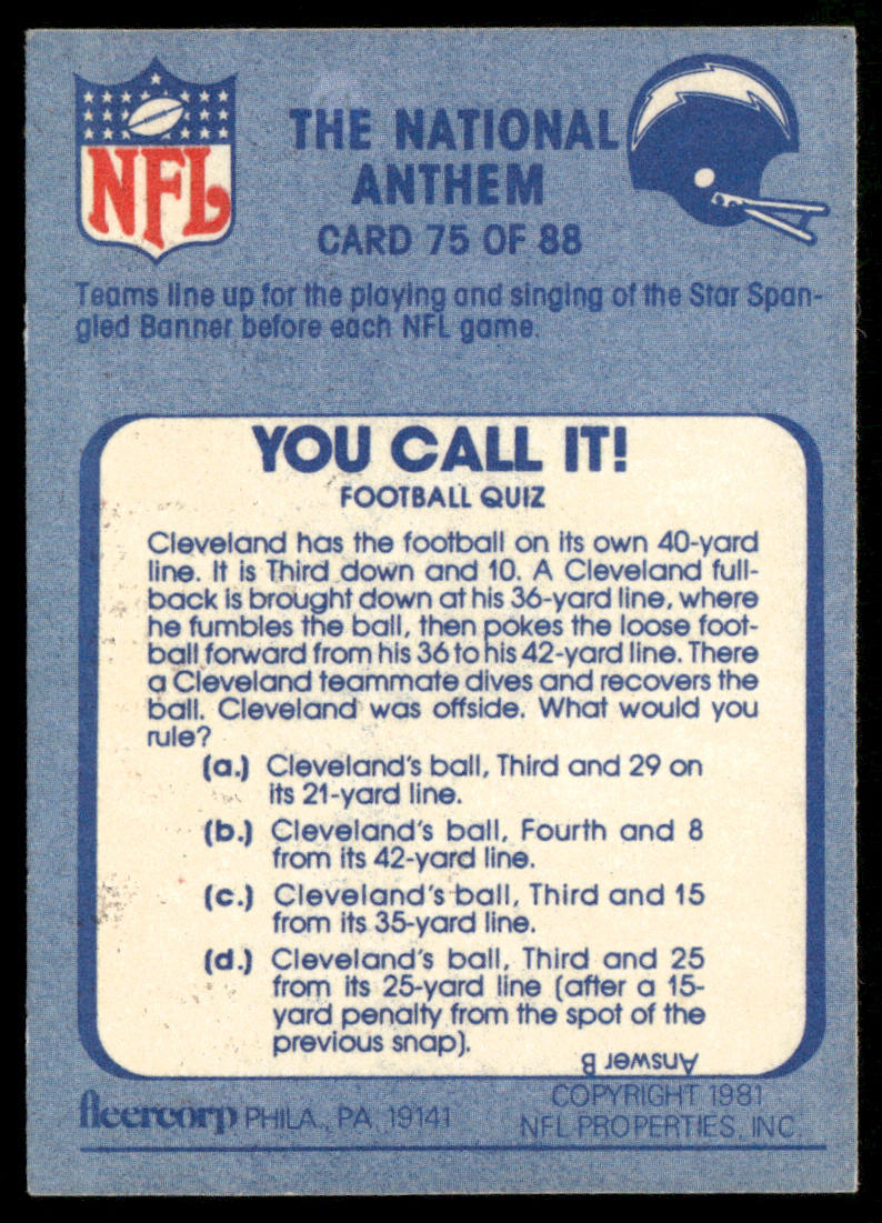 The National Anthem 1981 Fleer Team Action #75 San Diego Chargers