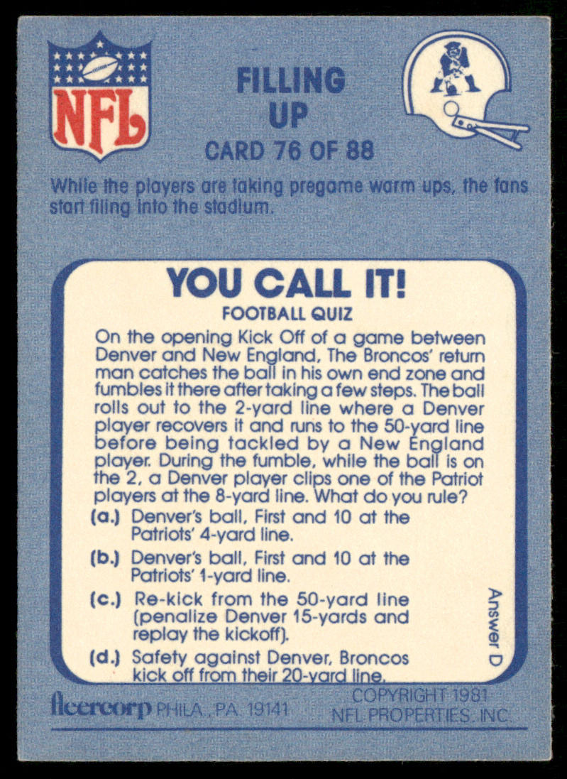 Filling Up 1981 Fleer Team Action #76 New England Patriots