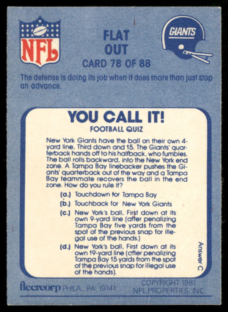 Flat Out 1981 Fleer Team Action #78 New York Giants