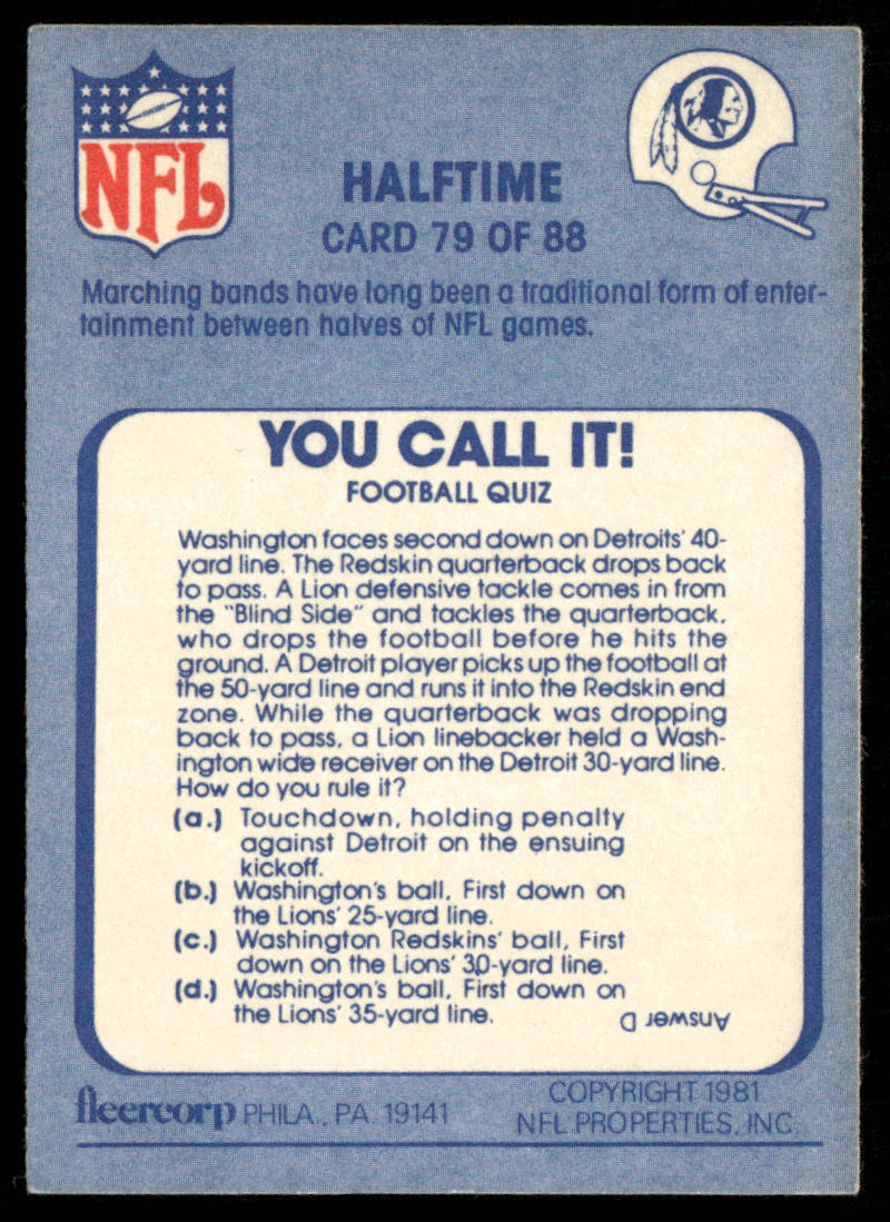 Halftime 1981 Fleer Team Action #79 Washington Redskins