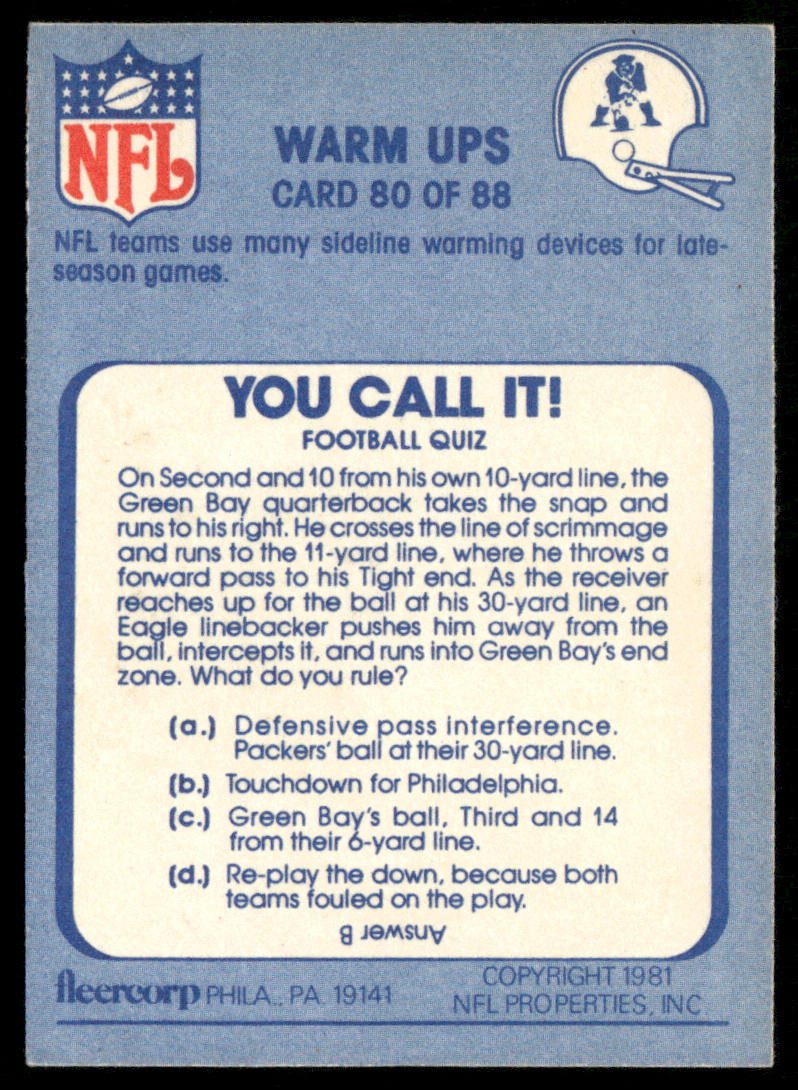 Warm Ups 1981 Fleer Team Action #80 New England Patriots