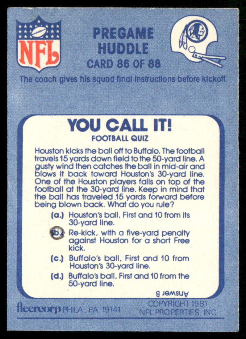 Pregame Huddle 1981 Fleer Team Action #86 Washington Redskins