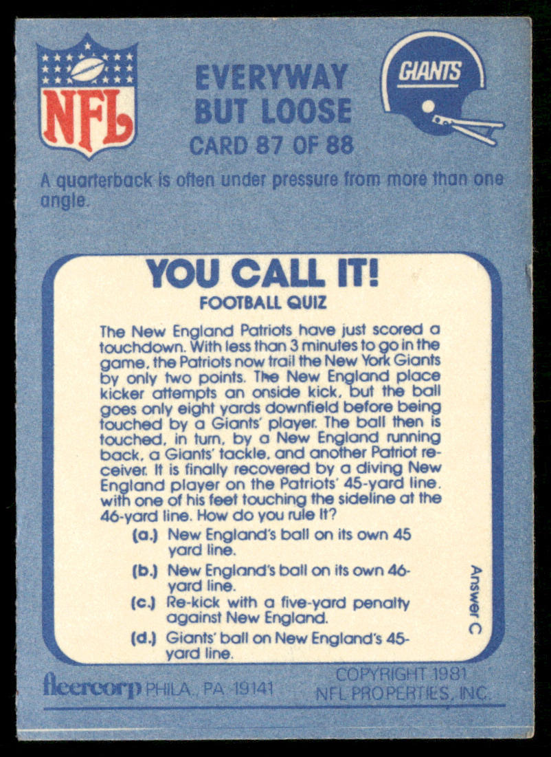 Every Way But Loose 1981 Fleer Team Action #87 New York Giants