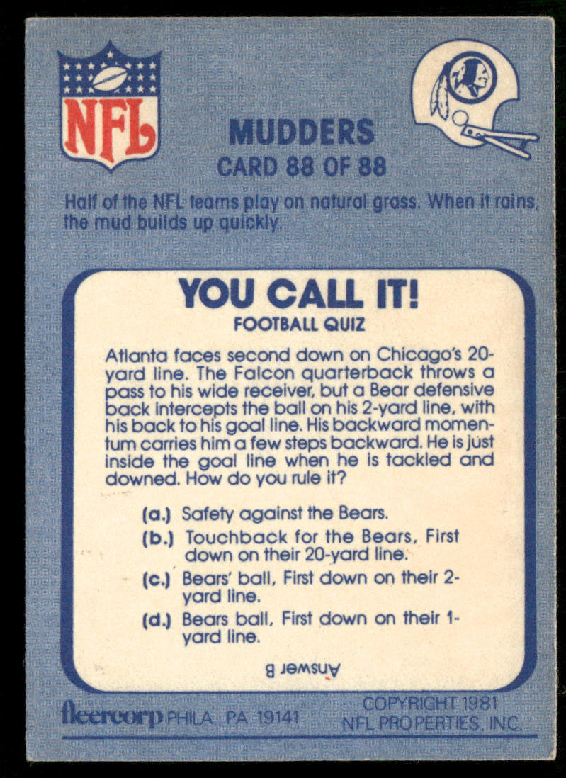 Mudders 1981 Fleer Team Action #88 Washington Redskins