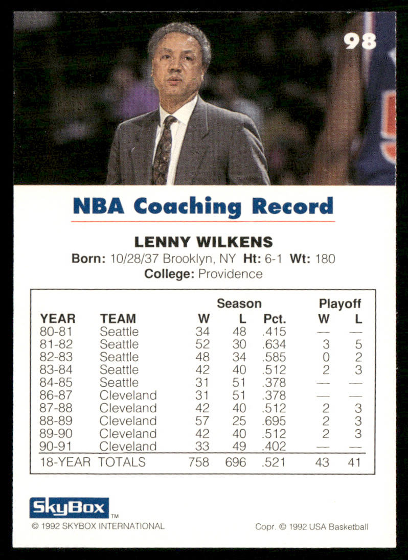Lenny Wilkens 1992 SkyBox USA #98 USA