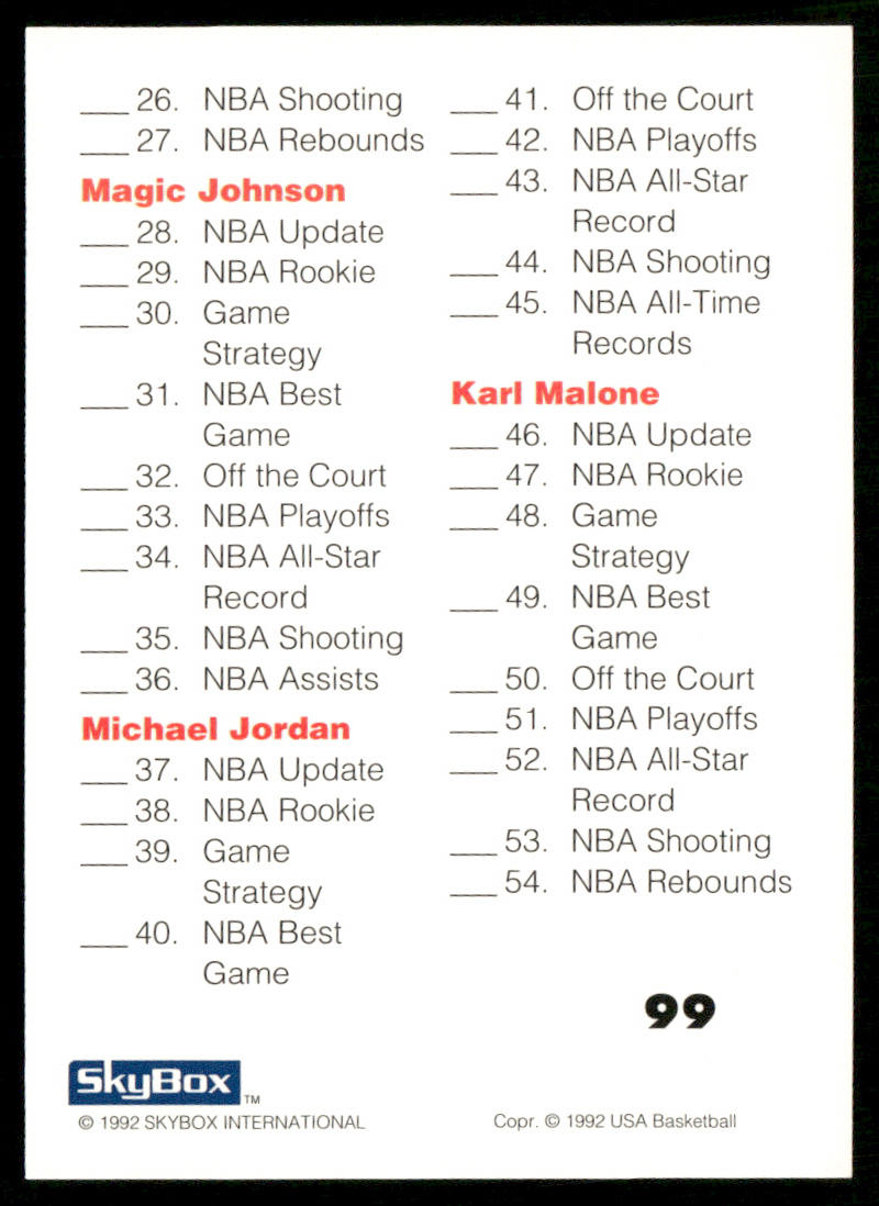 Checklist: 1-54 1992 SkyBox USA #99 USA