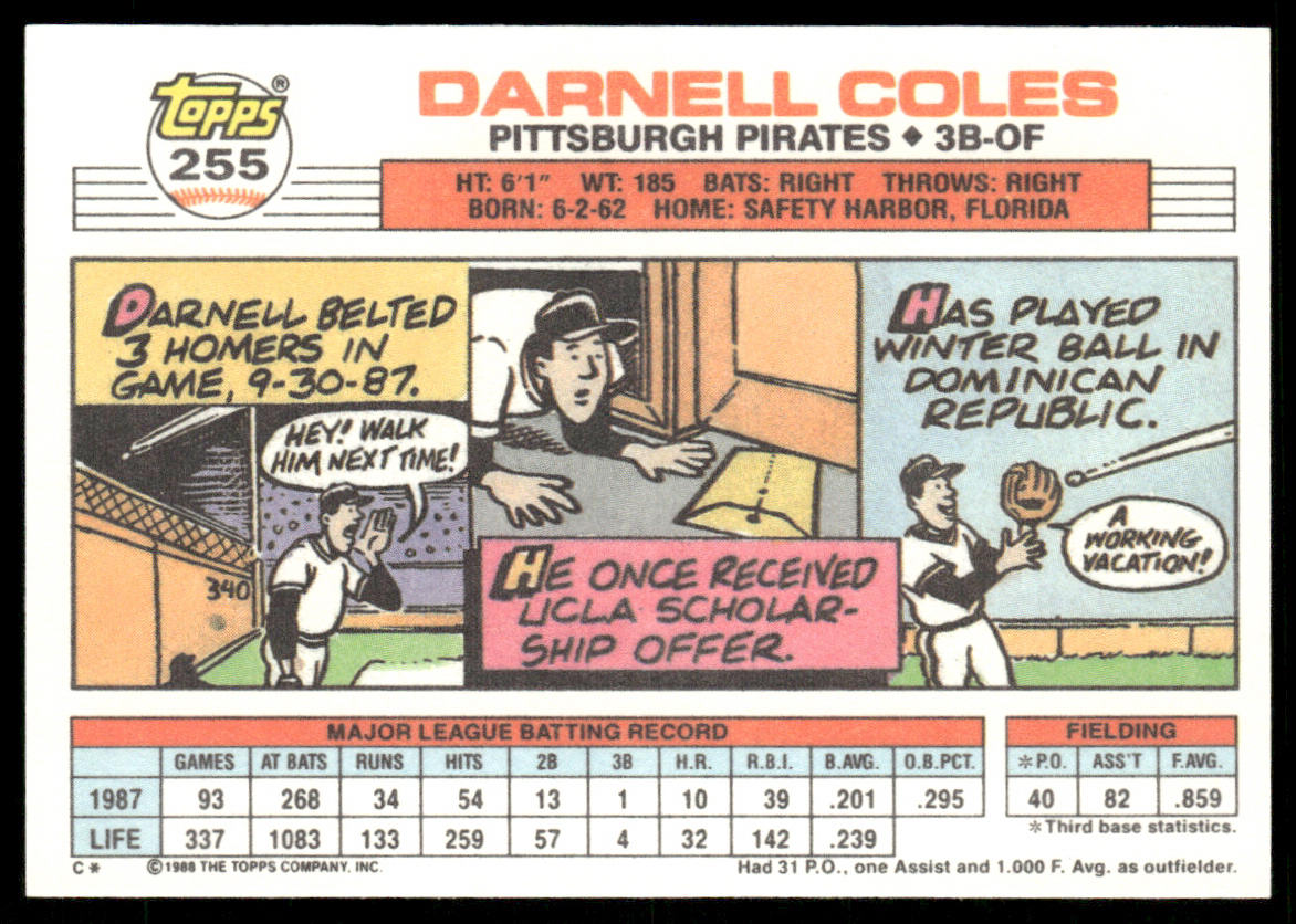 Darnell Coles 1988 Topps Big #255b Pittsburgh Pirates