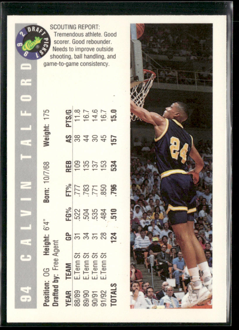 Calvin Talford 1992 Classic Draft Picks #94 East Tennessee State Buccaneers