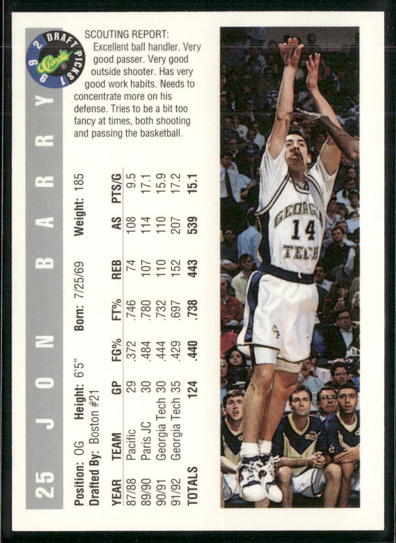 Jon Barry 1992 Classic Draft Picks #25