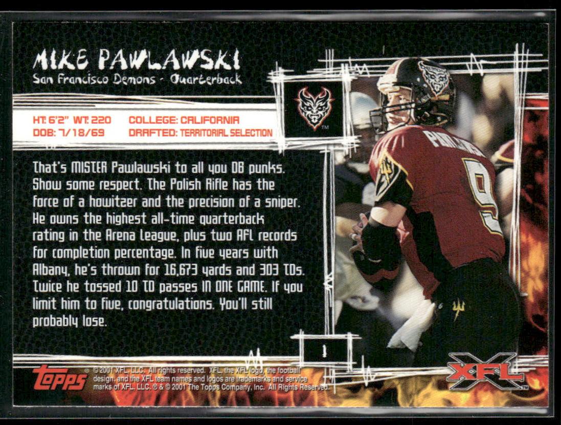 Mike Pawlawski 2001 Topps XFL #1 San Francisco Demons