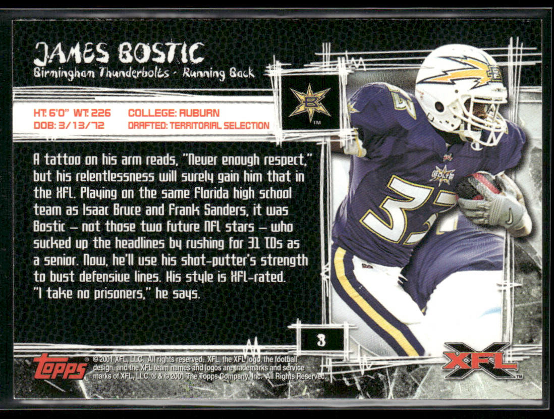 James Bostic 2001 Topps XFL #3 Birmingham Thunderbolts