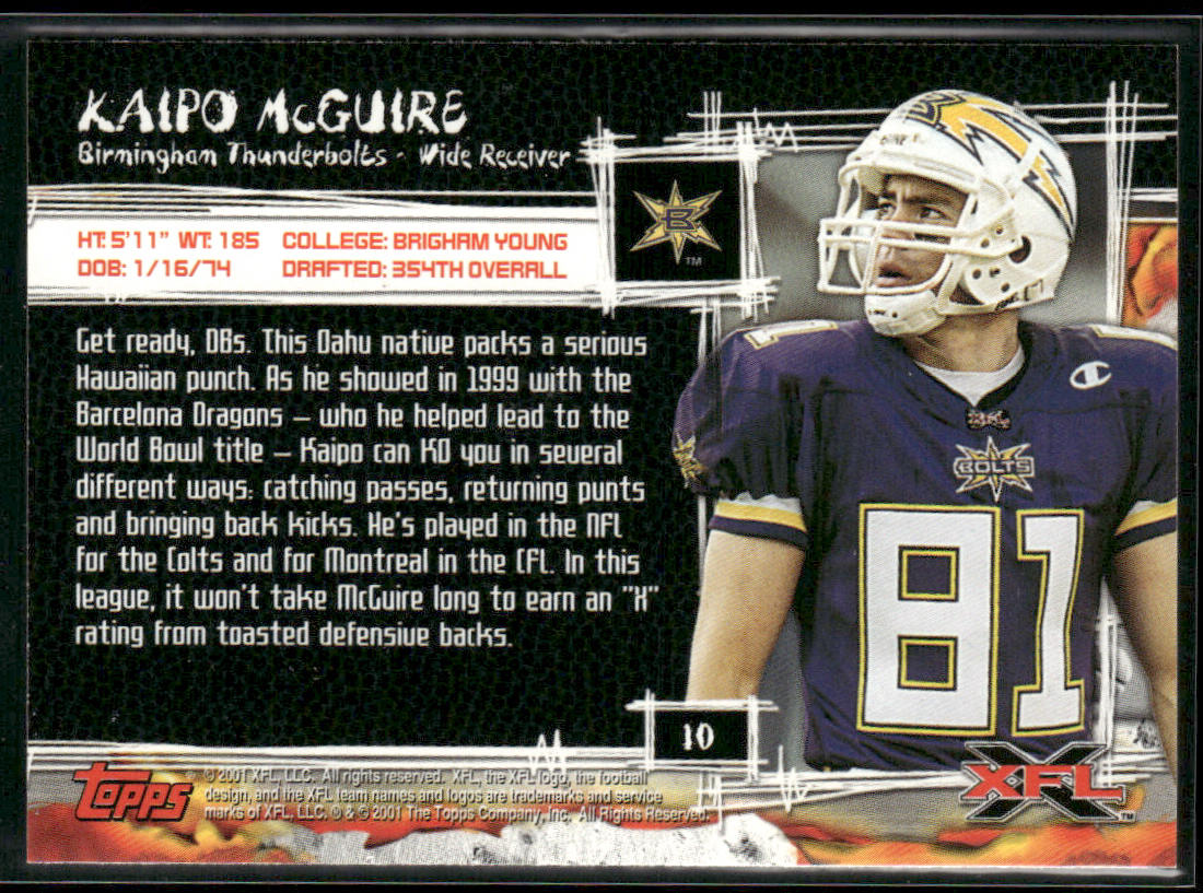 Kaipo McGuire 2001 Topps XFL #10 Birmingham Thunderbolts