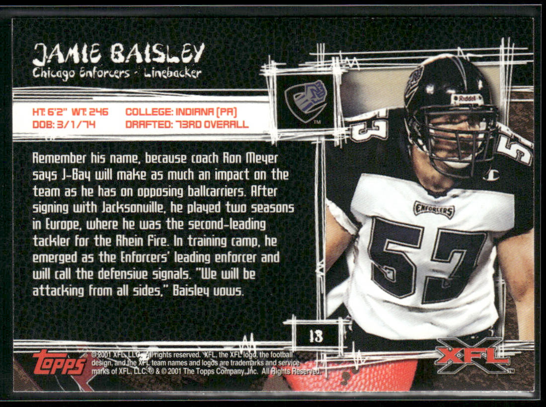 Jamie Baisley 2001 Topps XFL #13 Chicago Enforcers