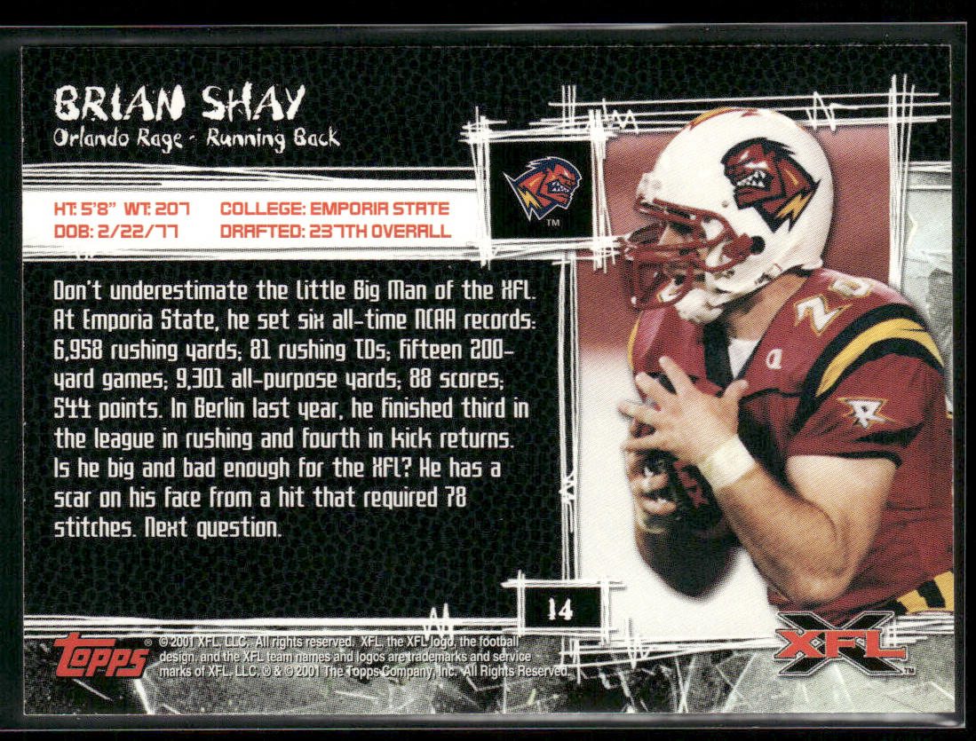 Brian Shay 2001 Topps XFL #14 Orlando Rage