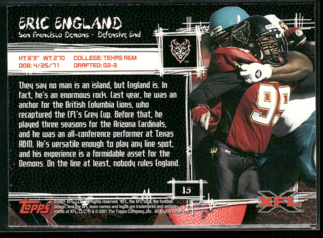 Eric England 2001 Topps XFL #15 San Francisco Demons