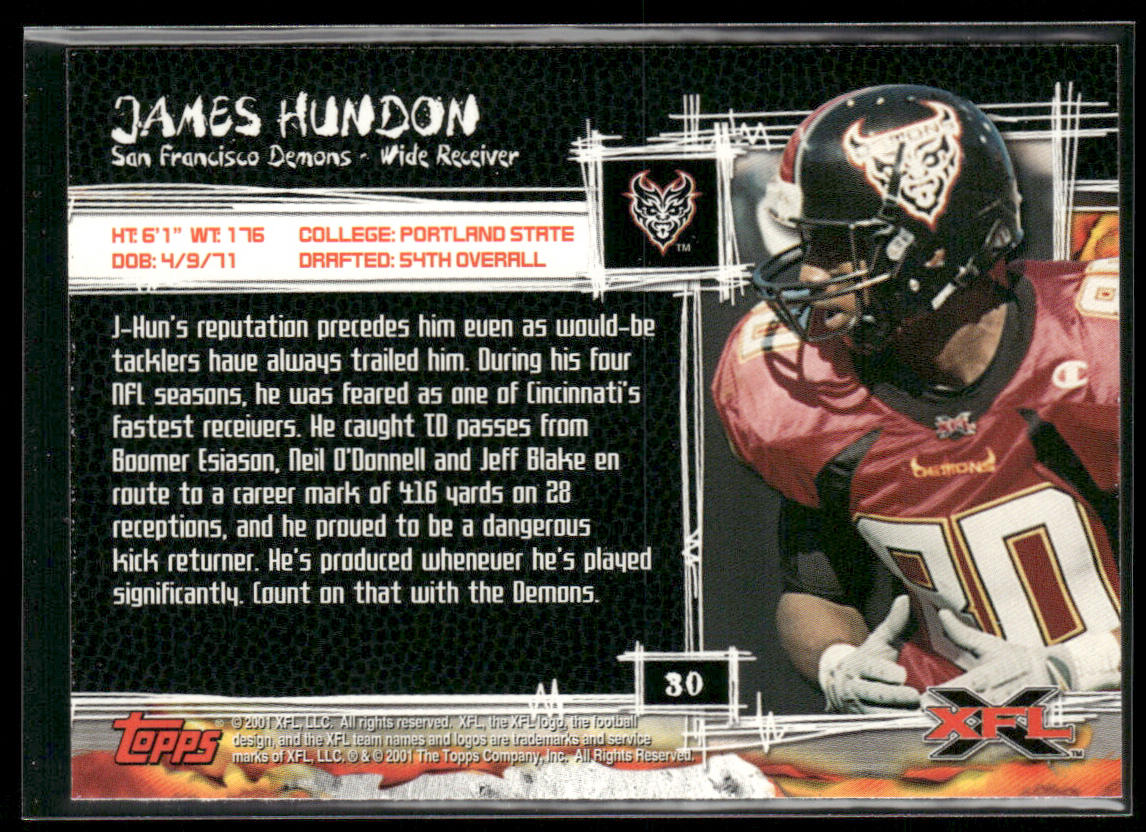 James Hundon 2001 Topps XFL #30 San Francisco Demons