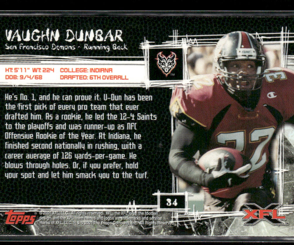 Vaughn Dunbar 2001 Topps XFL #34 San Francisco Demons