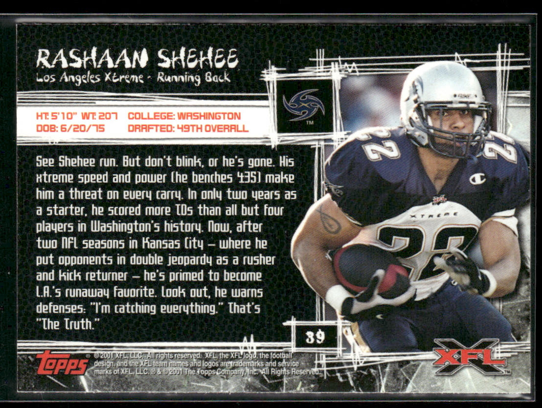 Rashaan Shehee 2001 Topps XFL #39 Los Angeles Xtreme