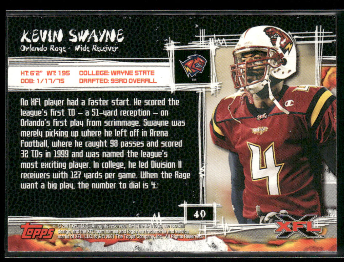 Kevin Swayne 2001 Topps XFL #40 Orlando Rage