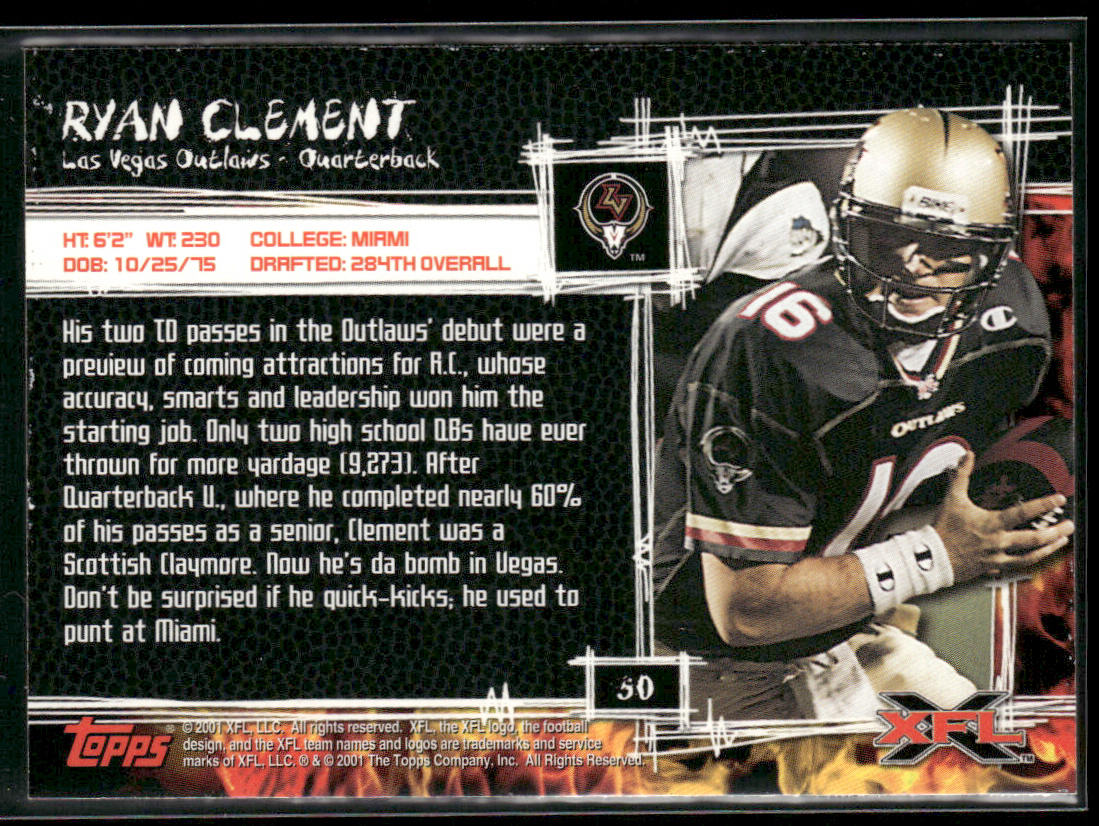 Ryan Clement 2001 Topps XFL #50 Las Vegas Outlaws