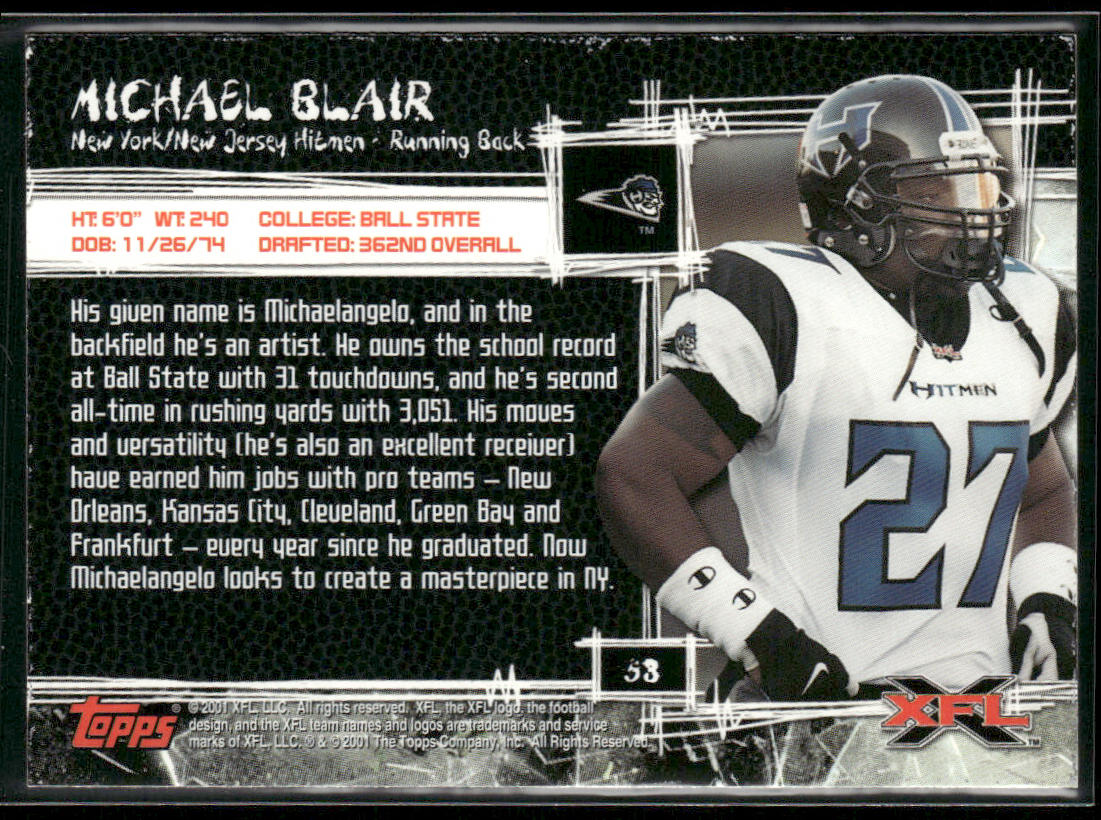 Michael Blair 2001 Topps XFL #53 New York-New Jersey Hitmen