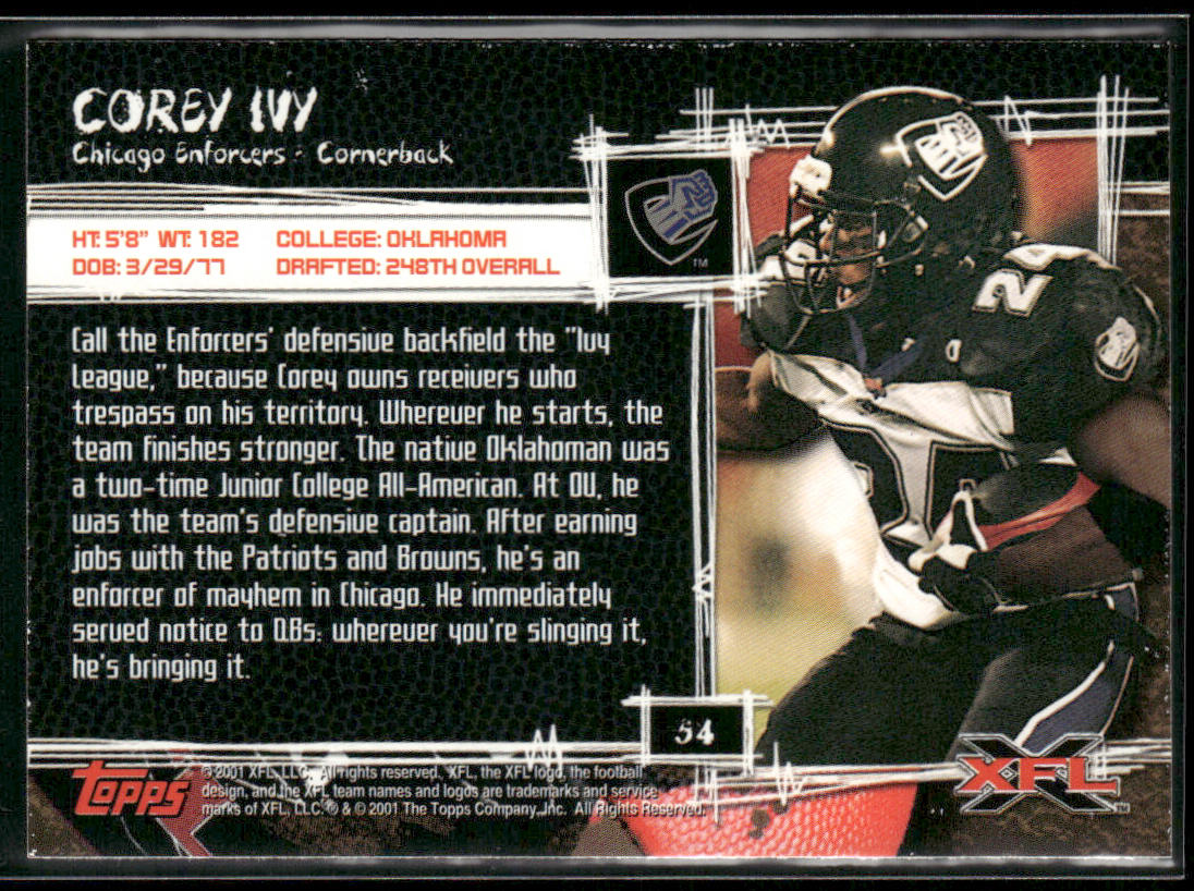 Corey Ivy 2001 Topps XFL #54 Chicago Enforcers