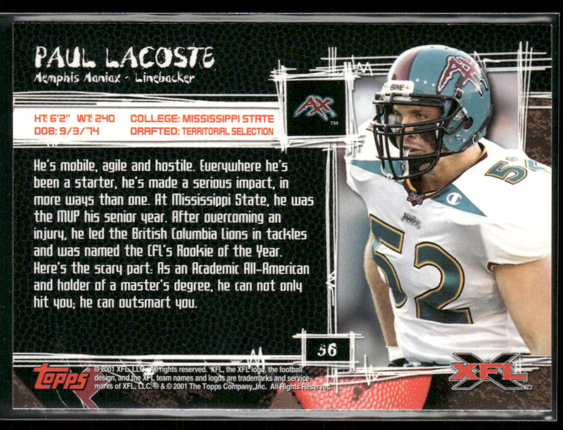Paul Lacoste 2001 Topps XFL #56 Memphis Maniax