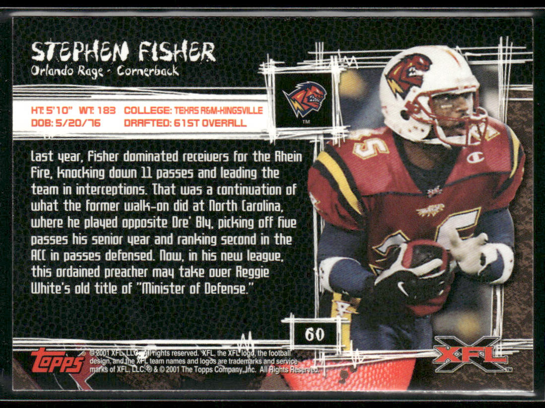 Stephen Fisher 2001 Topps XFL #60 Orlando Rage