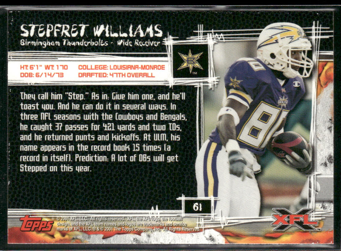 Stepfret Williams 2001 Topps XFL #61 Birmingham Thunderbolts