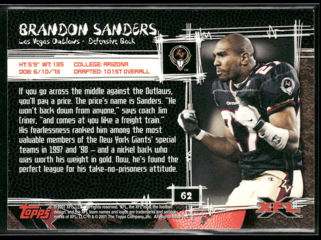 Brandon Sanders 2001 Topps XFL #62 Las Vegas Outlaws