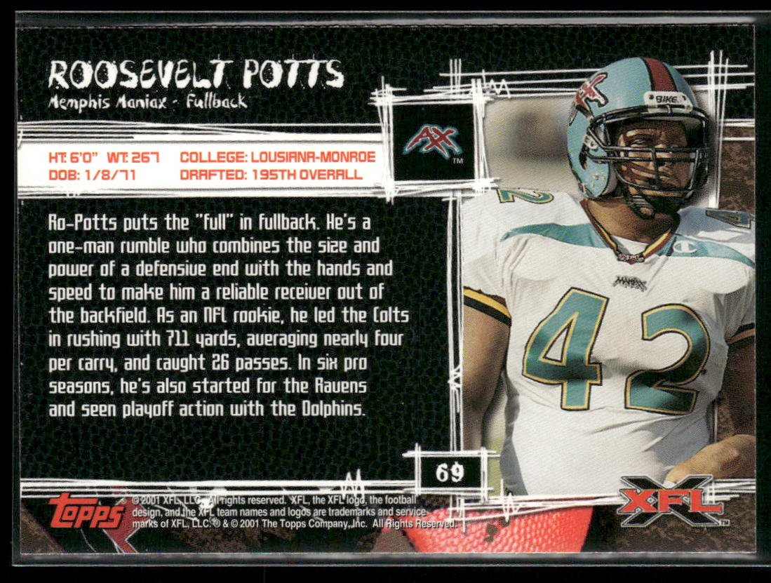 Roosevelt Potts 2001 Topps XFL #69 Memphis Maniax