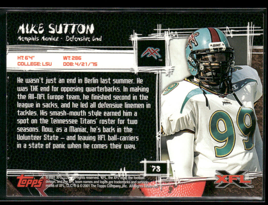 Mike Sutton 2001 Topps XFL #73 Memphis Maniax