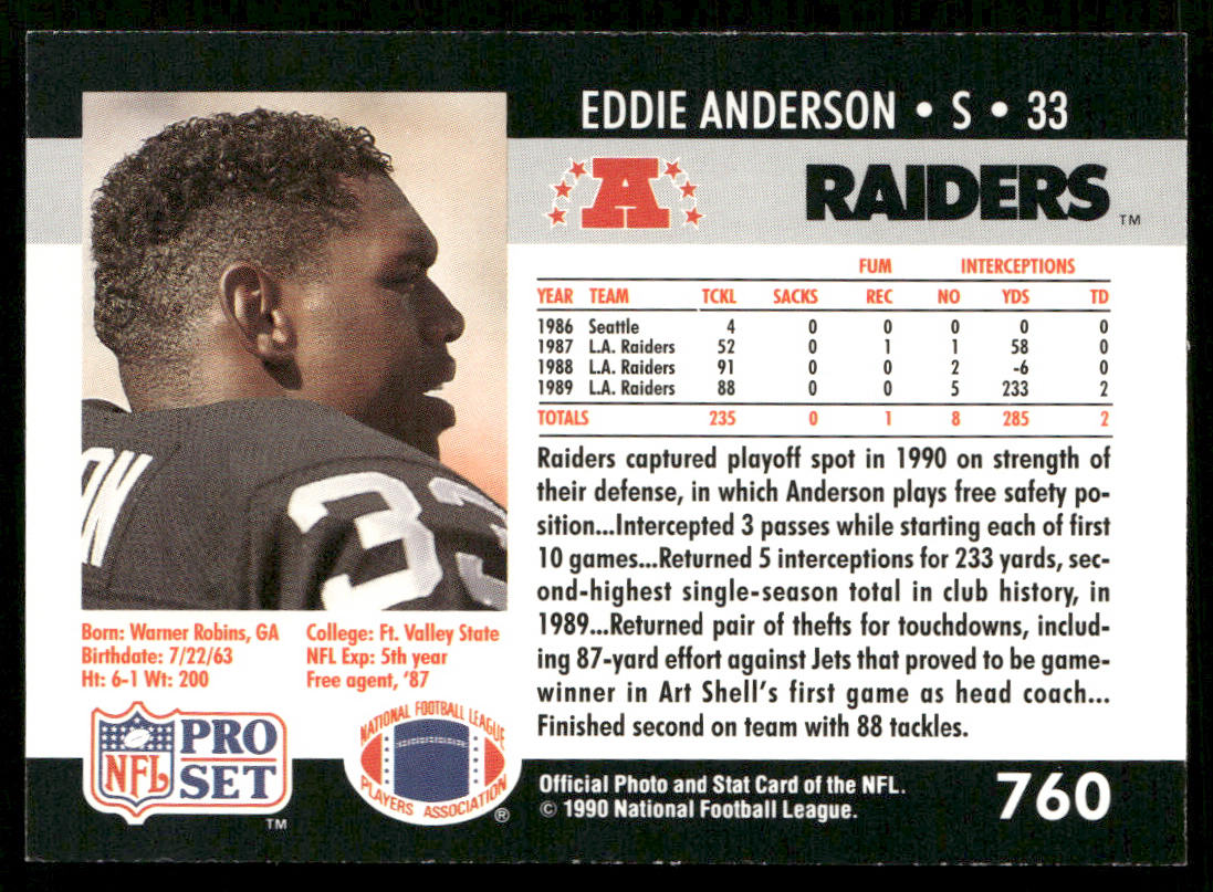 Eddie Anderson 1990 Pro Set #760 RC Los Angeles Raiders