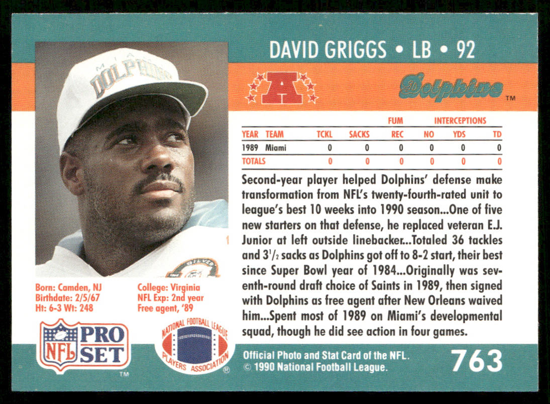 David Griggs 1990 Pro Set #763 RC Miami Dolphins