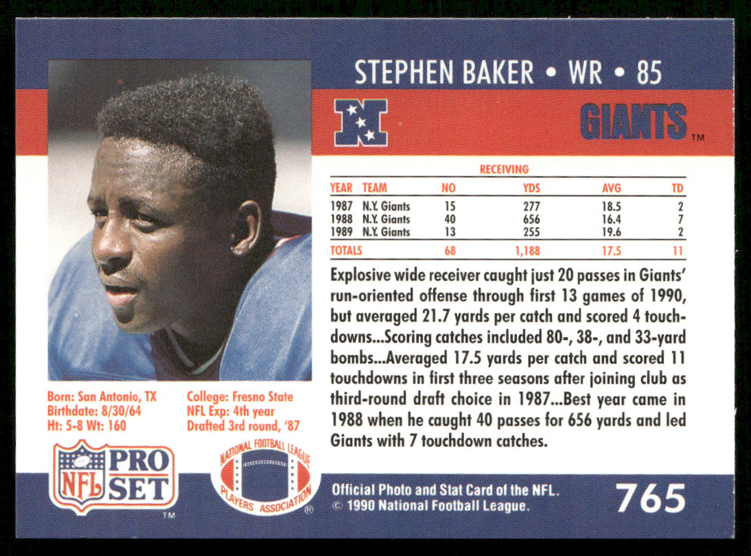 Stephen Baker 1990 Pro Set #765 New York Giants