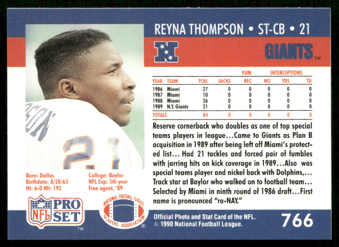 Reyna Thompson 1990 Pro Set #766 RC New York Giants
