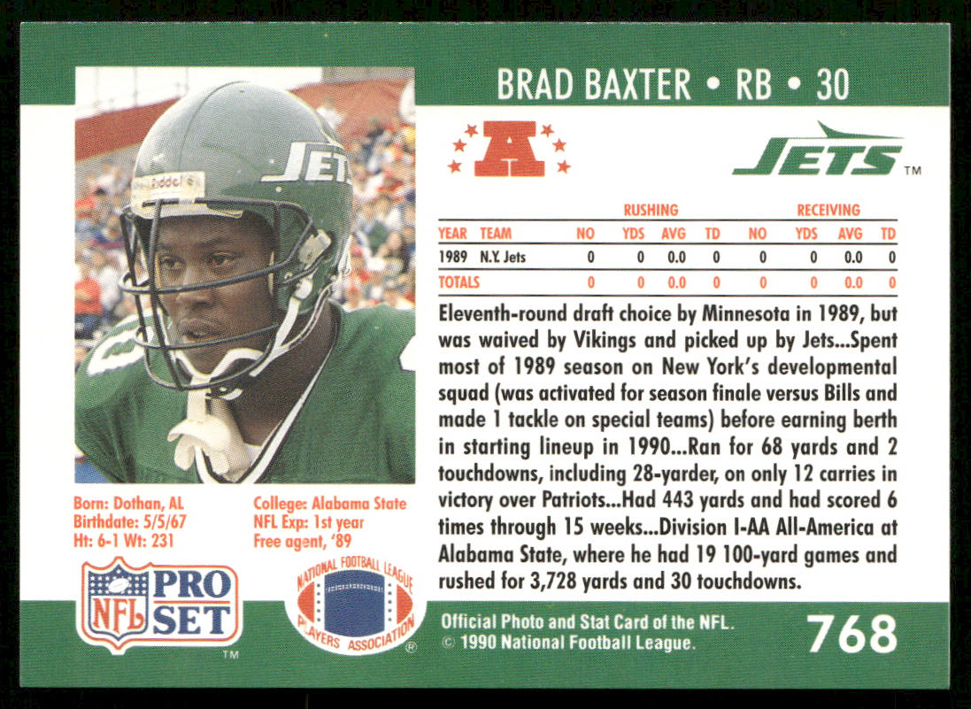 Brad Baxter 1990 Pro Set #768 RC New York Jets