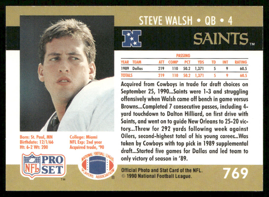 Steve Walsh 1990 Pro Set #769 New Orleans Saints