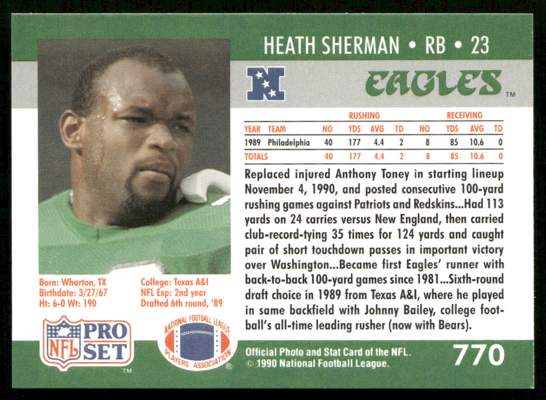 Heath Sherman 1990 Pro Set #770 RC Philadelphia Eagles