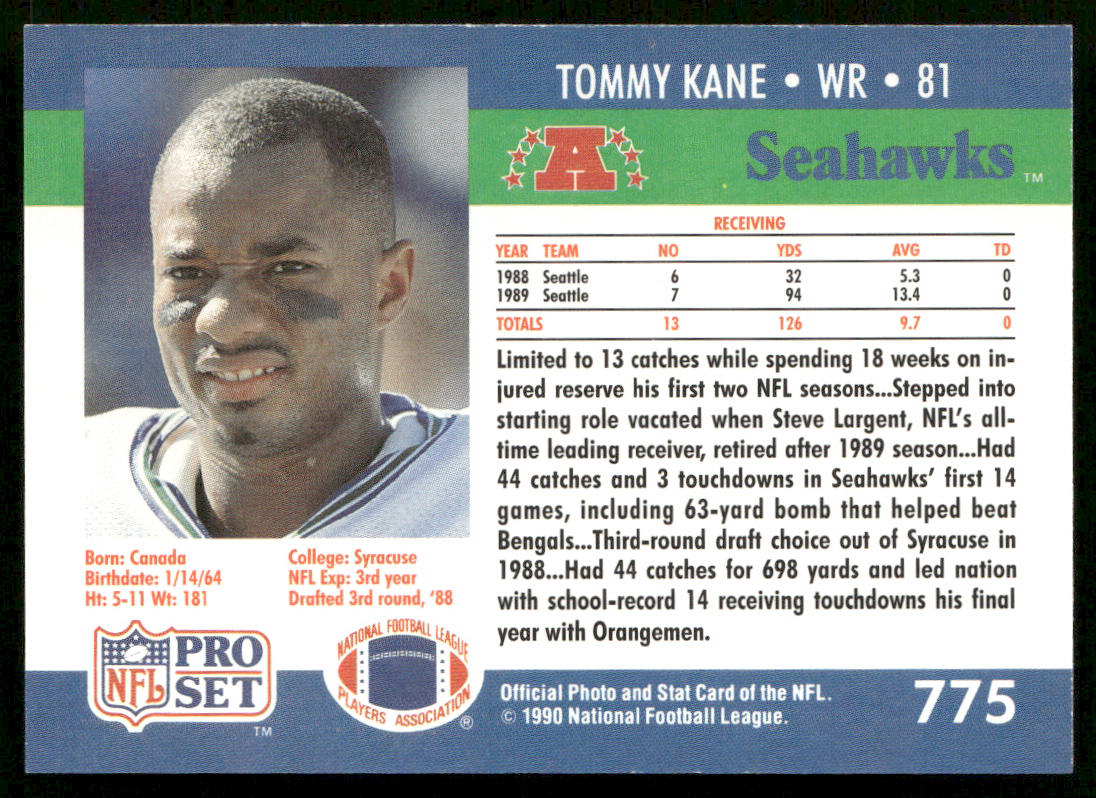 Tommy Kane 1990 Pro Set #775 RC Seattle Seahawks