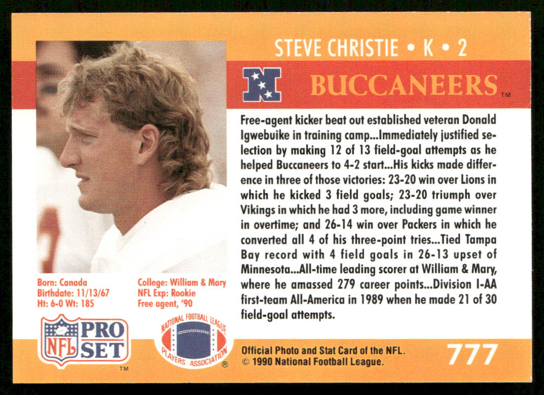 Steve Christie 1990 Pro Set #777 RC Tampa Bay Buccaneers