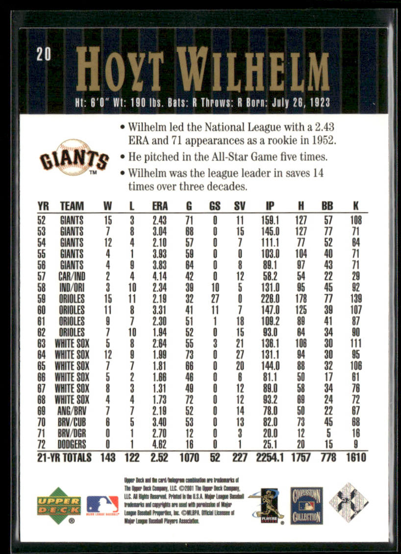 Hoyt Wilhelm 2001 Upper Deck Hall of Famers #20 New York Giants