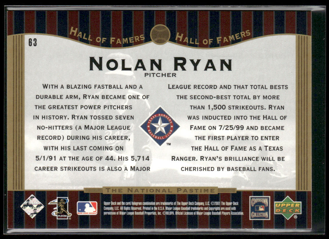 Nolan Ryan 2001 Upper Deck Hall of Famers #63 Texas Rangers
