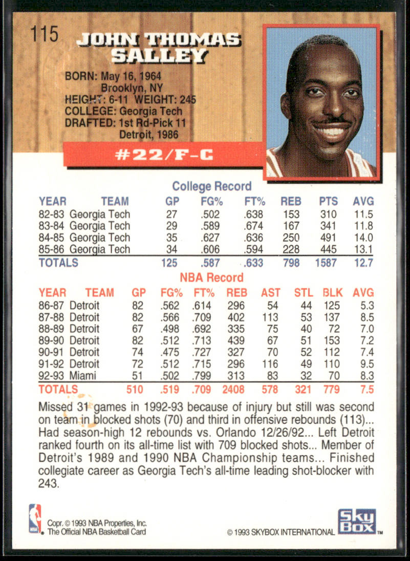 John Salley 1993-94 Hoops Fifth Anniversary Gold #115 Miami Heat