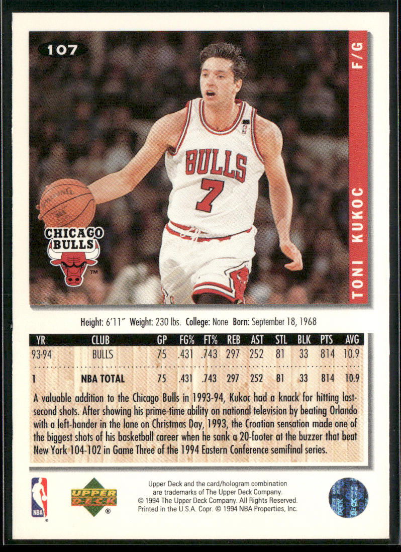 Toni Kukoc 1994-95 Collector's Choice #107 Chicago Bulls