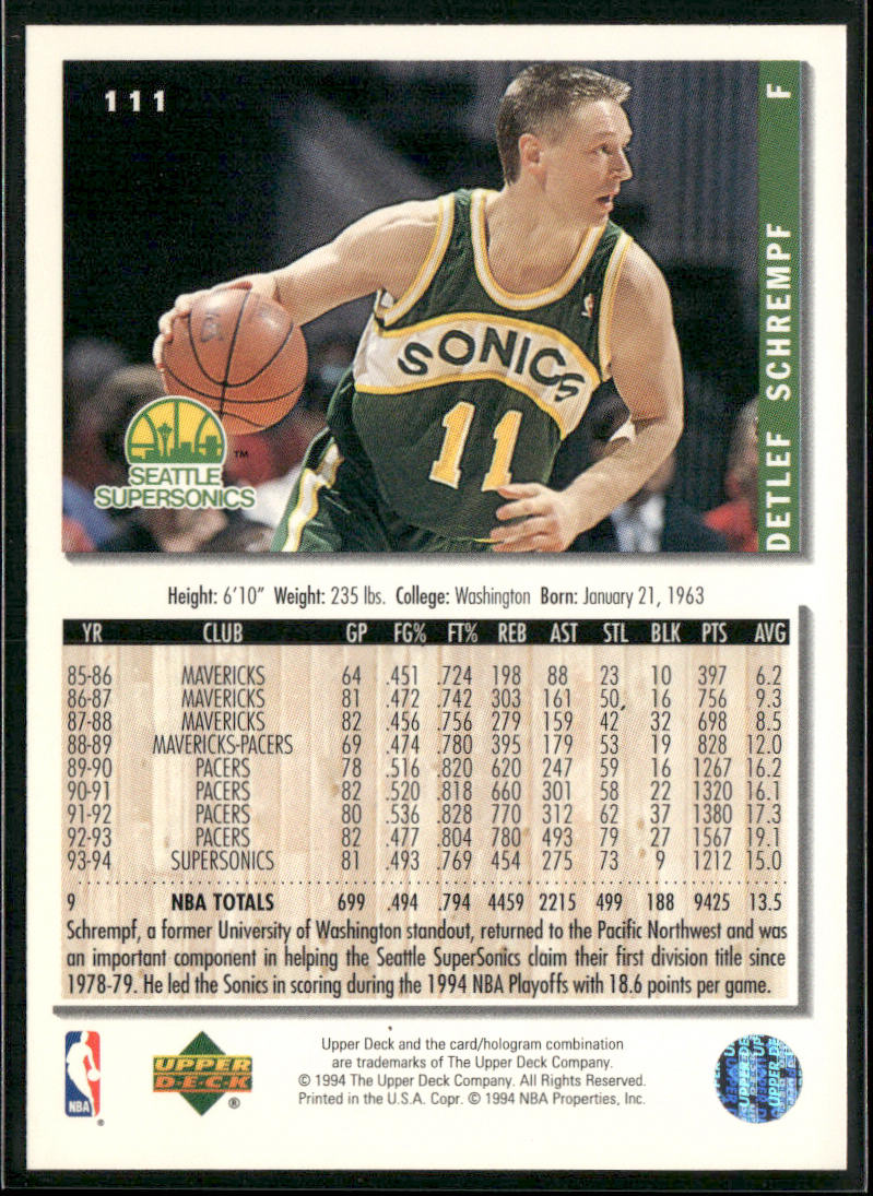 Detlef Schrempf 1994-95 Collector's Choice #111 Seattle SuperSonics