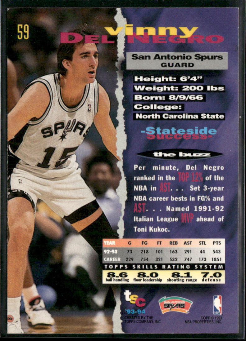 Vinny Del Negro 1993-94 Stadium Club #59 San Antonio Spurs