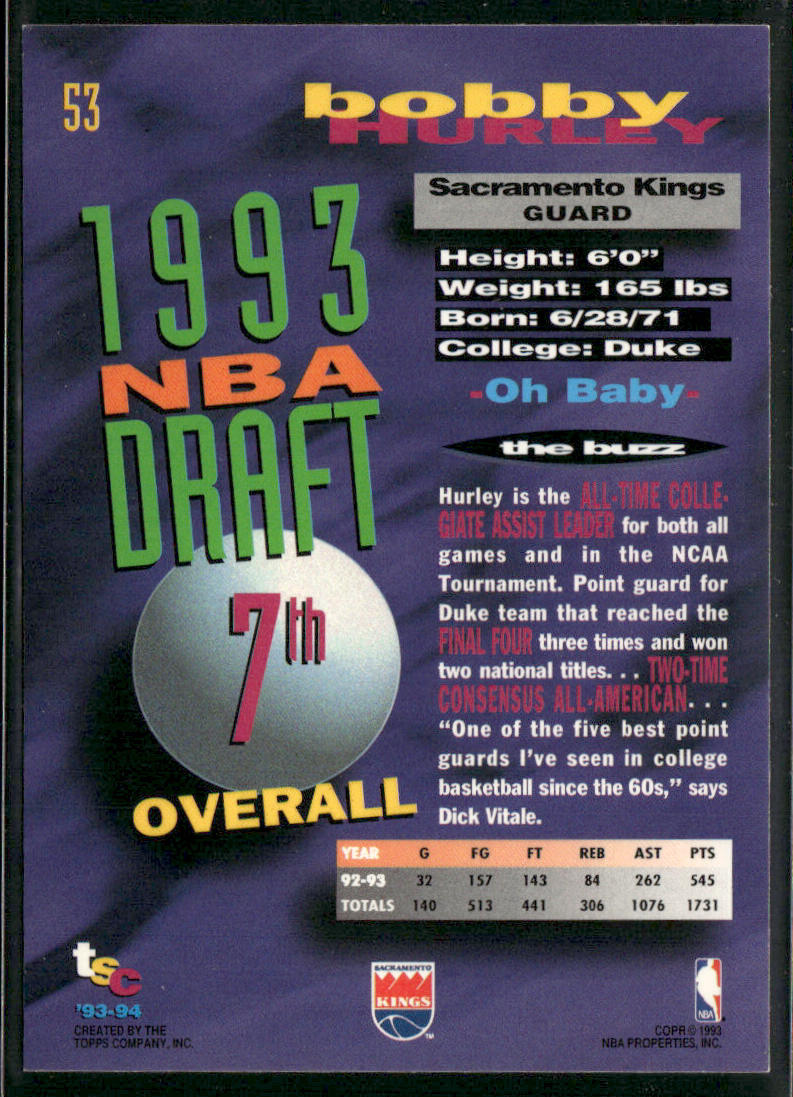 Bobby Hurley 1993-94 Stadium Club #53 RC Sacramento Kings
